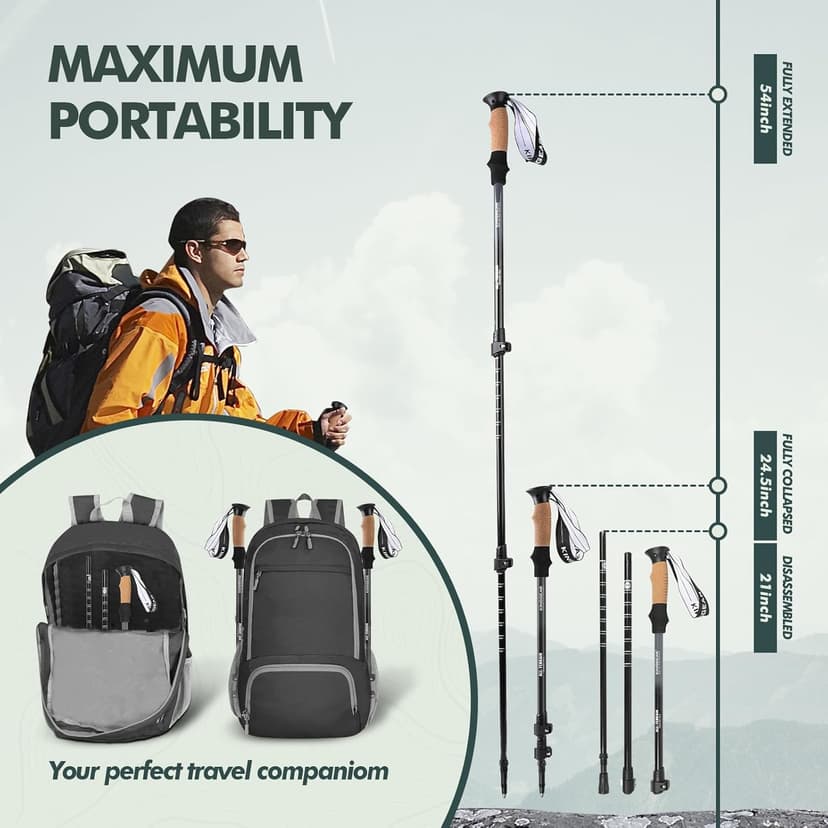KINGGEAR Nordic Walking Stick, TP1 Hiking Poles Retractable Lightweight 7075 Aluminum, Trekking Poles with Flip Lock, Natural Cork and EVA Grip, 2pc Hiking Gear