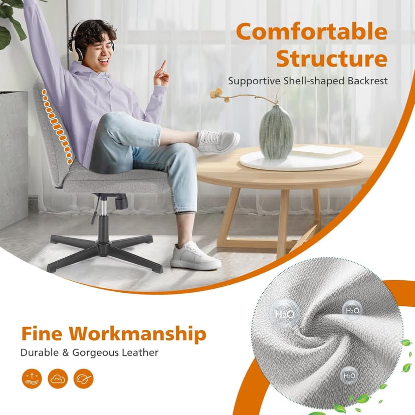Sweetcrispy Criss Cross Chair Legged, Armless Office Swivel Desk Chairs No Wheels, Vanity Height Adjustable Wide Seat Comfy Cute Computer Task Seating for Home Bedroom, Grey