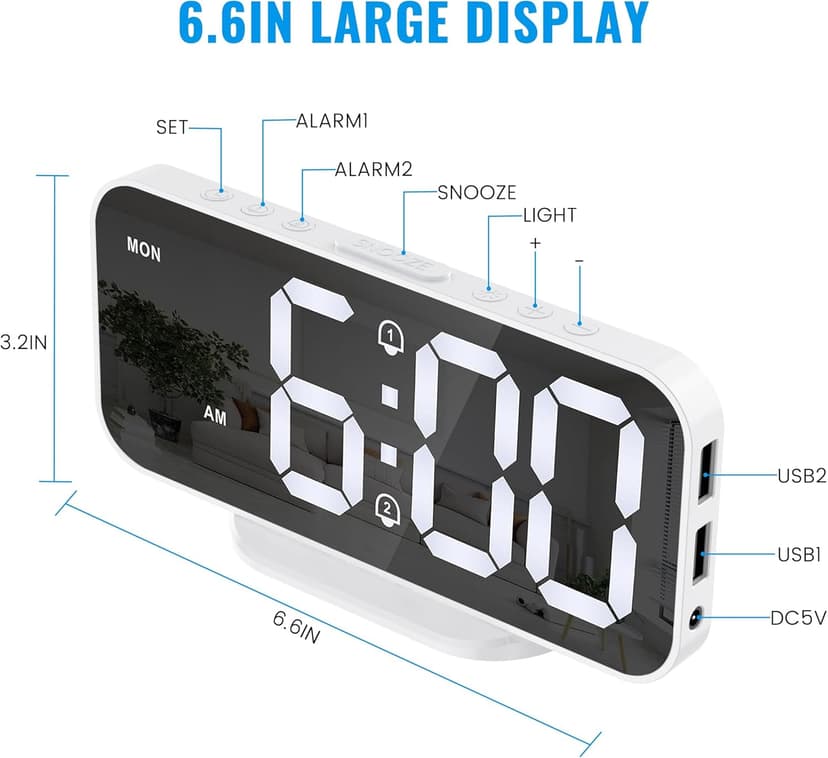 Alarm Clocks for Bedrooms, Slim LED Mirror Digital Alarm Clock, Large Display with Diming Mode, Dual Alarms & USB Ports, 4 Levels Brightness, Desk Clock for Office Home Bedroom Living Room Decor