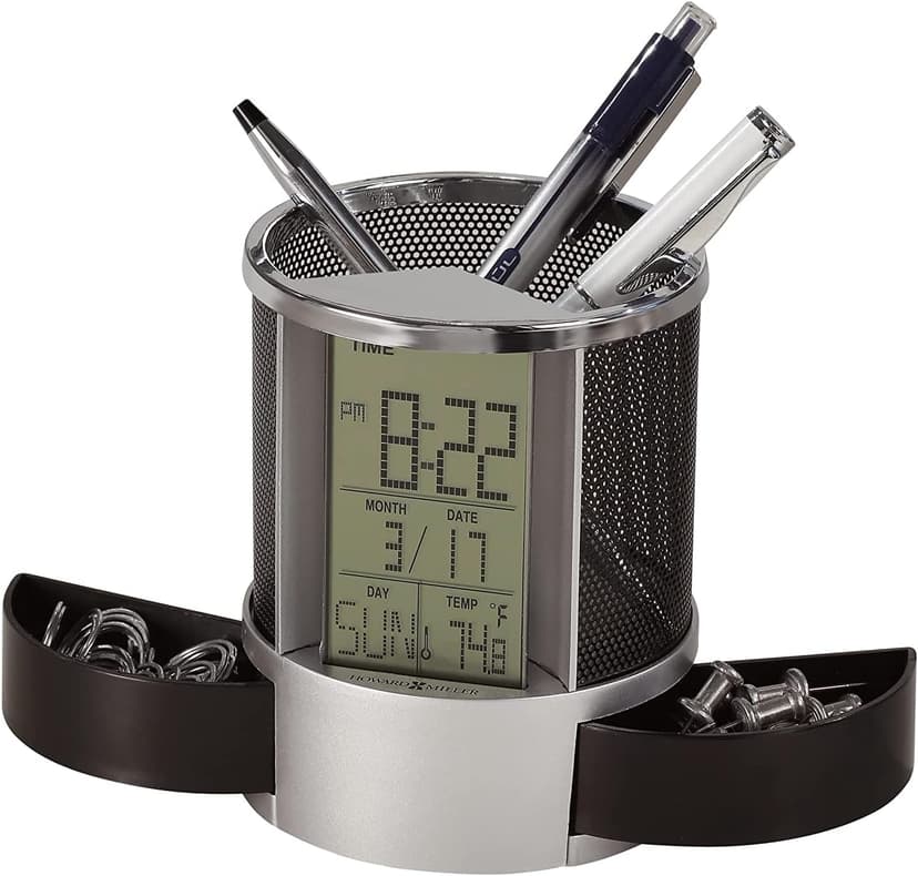 Howard Miller Desk Mate Tabletop Clock with Storage Compartment, LCD Display, Pen Holder, Snooze Function, Temperature Display, LED Light Table Clock for Home Office, Desk & Bedroom Use