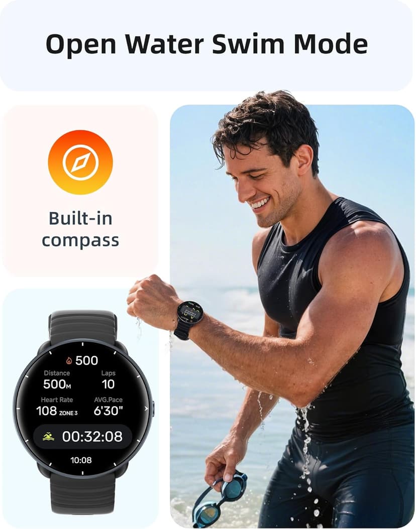 Parsonver Parsonver Swimming Smart Watch, 5ATM Waterproof for Pool & Open Water, Built-in GPS & Compass, AMOLED Screen Fitness Tracker with 100+ Sports Modes, Heart Rate & Sleep Monitor, AI Swim Analysis, Black