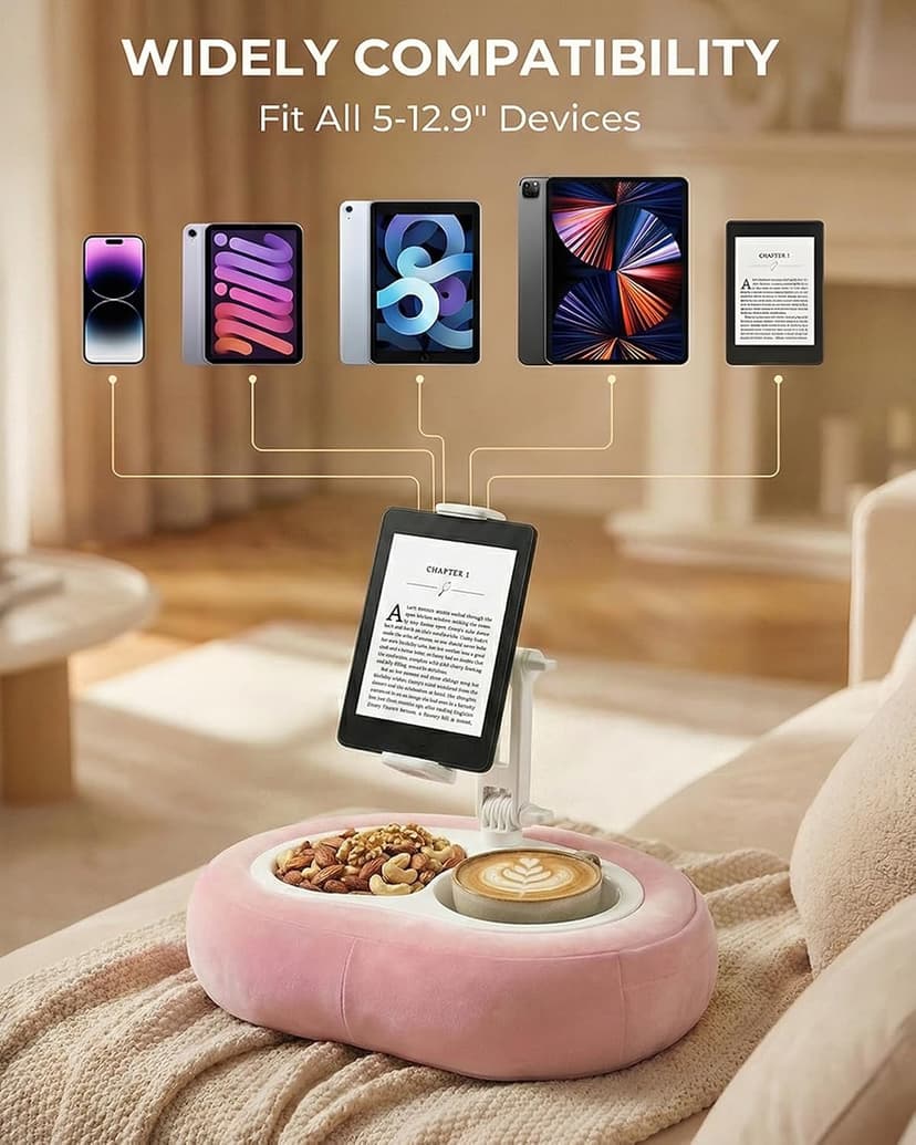 Compatible with Kindle, iPad, Phone and Tablet 5" to 12.9", Soft Plush Fabric, with 2 Snack Bowls, for Reading and Relaxing Miledi Tablet Pillow Stand for Bed with 360° Rotating Holder, Pink B0DJ2NSNFP