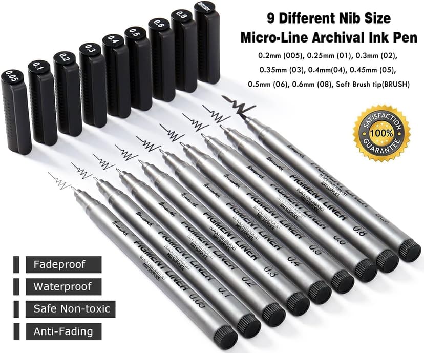 Brusarth Precision Black Micro-Pen Fineliner Ink Pens, Waterproof Archival Ink, Drawing Pen, Artist Illustration Pens, Multiliner, for Art Watercolor, Sketching, Anime, Manga, Design, 9/Set(Black)