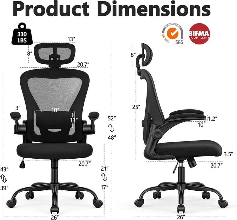 Office Chair, Ergonomic Office Chair with Headrest, Comfy Home Office Desk Chairs with Lumbar Support & Flip-up Armrests, 330LBS High Back Mesh Computer Desk Chair for Home Office, Black