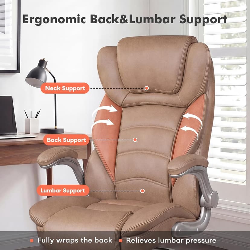 GYI Big and Tall Office Chair 400lb Wide Seat, Ergonomic High Back Leather Executive Desk Chair with Flip-up Arms, Brown