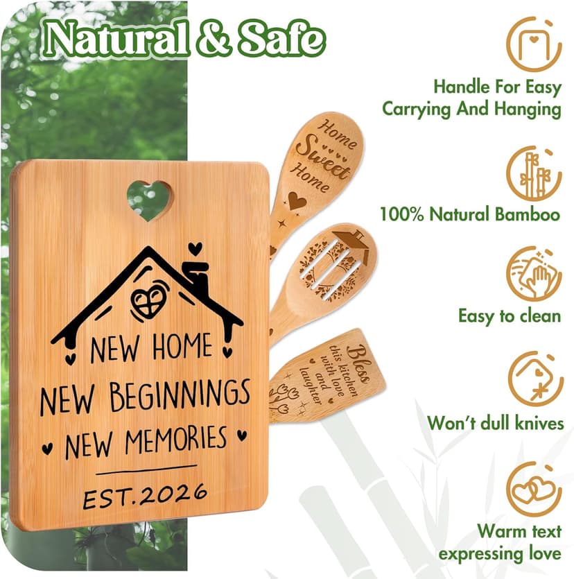 House Warming Gifts New Home - "New Home, New Beginnings, New Memories" Engraved Bamboo Housewarming Gifts New Home Cutting Board Set, 2026 House Warming Gifts.