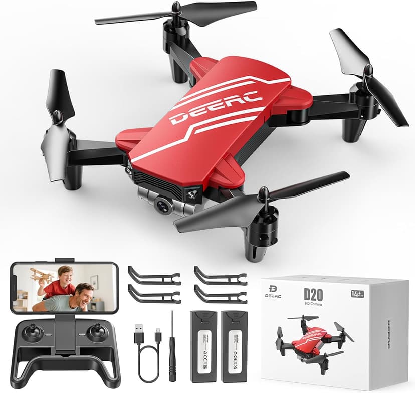 DEERC D20 Mini Drone for Kids with 720P HD FPV Camera Remote Control Toys Gifts for Boys Girls with Altitude Hold, Headless Mode, One Key Start Speed Adjustment, 3D Flips 2 Batteries, Red