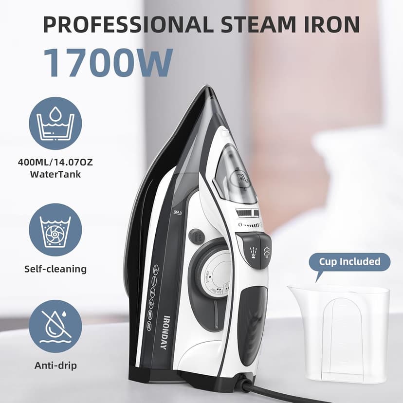 IRONDAY 1700W Steam Iron for Clothes, Rapid Heating, 3-Way Auto-Off, Spray Mist, Steam Burst, 14.07oz Water Tank, Adjustable Thermostat Dial