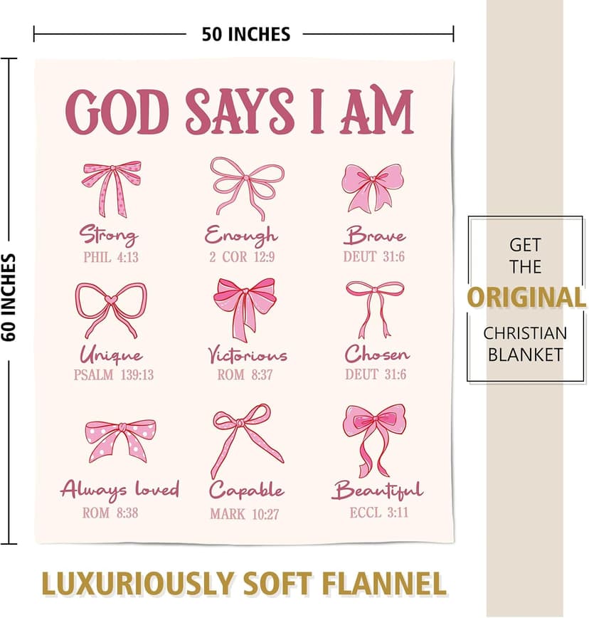 Christian Gifts for Women on Birthday Christmas, Christening/First Communion/Dedication Gifts for Baby Girls Teens Daughter Baptism Gifts for Girls, God Says I Am Pink Bow Blanket 50"x60" B0FZB5XHKX