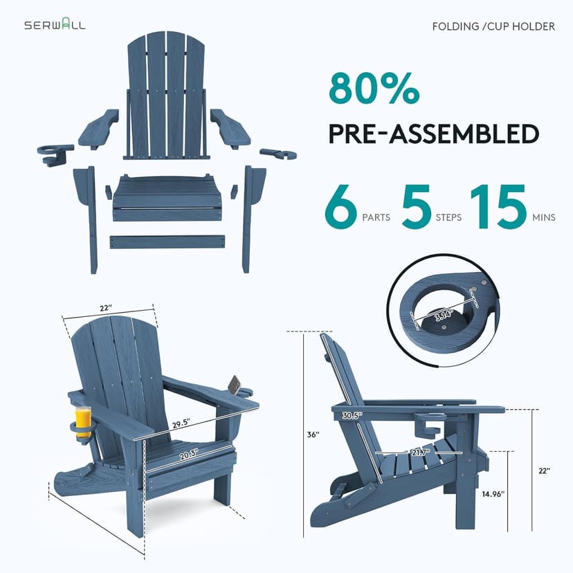 SERWALL Folding Adirondack Chair, HDPE Adirondack Chairs Set of 2, Plastic Outdoor Chairs- Looks Exactly Like Real Wood- Navy