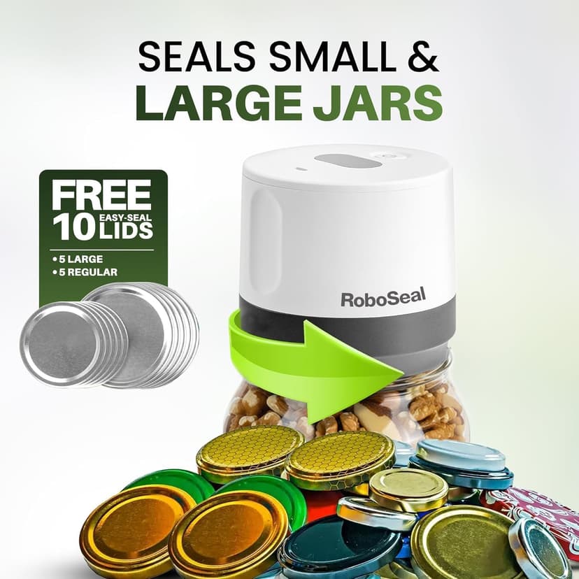 RoboSeal Rechargeable Mason Jar Vacuum Sealer for Mason Jars Wide & Regular Mouth, One Touch Operation, 10 Jar Lids and Jar Opener Included, Digital Battery Indicator, Preserves Foods 5x Longer