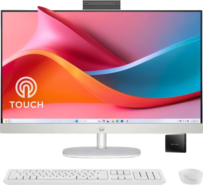 HP 27" FHD Touchscreen All-in-One Desktop Computer, 16GB DDR5 RAM, 1TB SSD Storage, AMD Ryzen 5 7520U Processor, WiFi6, Wireless Keyboard & Mouse, Windows 11