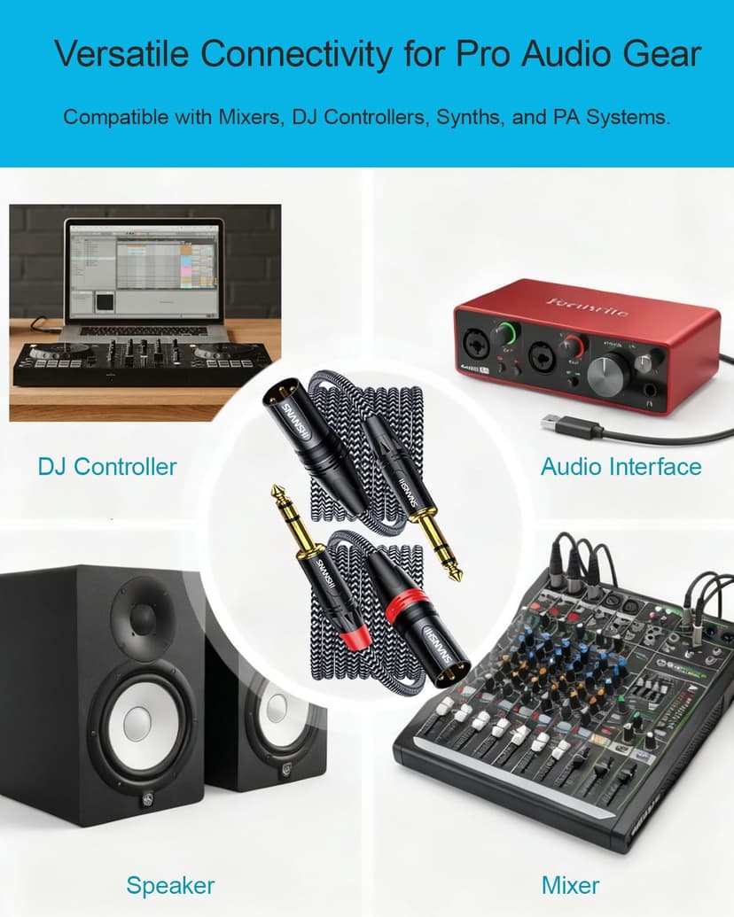 SNANSHI XLR to 1/4 Cable 6.6ft 2-Pack - Balanced TRS to XLR Male 22 AWG Studio Monitor Cable Color-Coded L/R Channels, Audio Interface or Mixer to Studio Monitor or PA Speaker (Not for Microphone)
