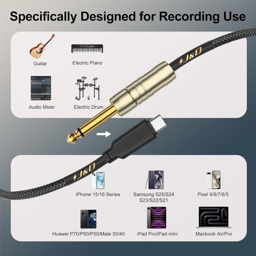 J&D USB C to 6.35 mm 1/4 inch TS Guitar Audio Cable, Audio Recording, Bass, Electronic Piano Microphone Cord Compatible with iPhone 16/17 Series, Galaxy S24/S25, 10 Feet