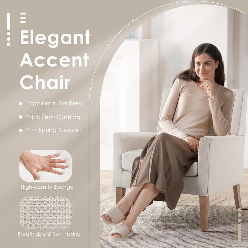 COLAMY Modern Wingback Living Room Chair, Upholstered Fabric Accent Armchair, Single Sofa Chair with Lounge Seat and Wood Legs for Office/Bedroom/Reading Spaces, Beige