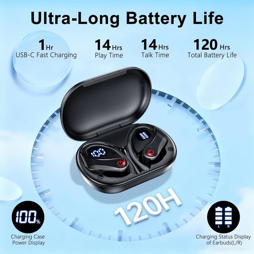 EUQQ True Wireless Earbuds, 2026 Sport Bluetooth 6.1 Headphones with Microphone 120H Playtime Dual LED Display Case, Noise Canceling Ear Buds with Easy Button Controls Sweat and Water Resistant Black