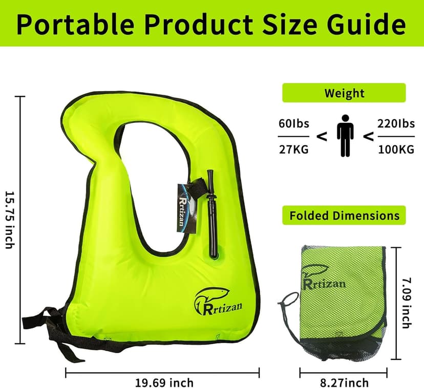 Rrtizan Snorkel Vest, Adults Portable Inflatable Swim Vest Jackets for Snorkeling Swimming Diving Safety Load up to 220 Ibs