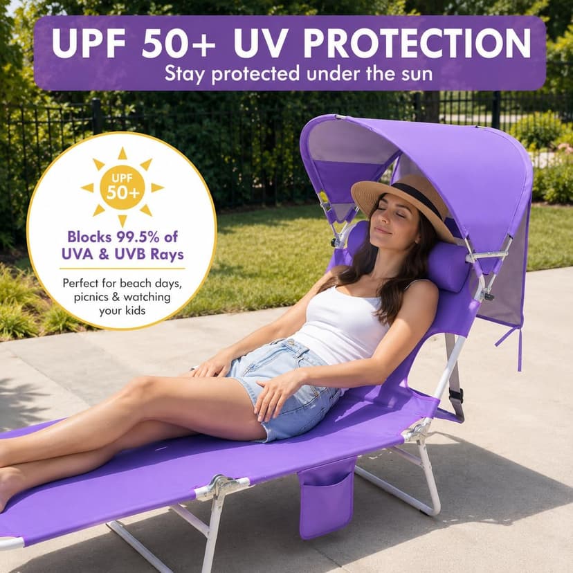 Backpack Beach Tanning Lounge Chair with Canopy Shade Face Hole Padded Adjustable Washable, 6 Position Layout Chair for Outside Sunbathing Poolside Lawn, UPF 50+ Wind-Resistant Sun Shade, Patented