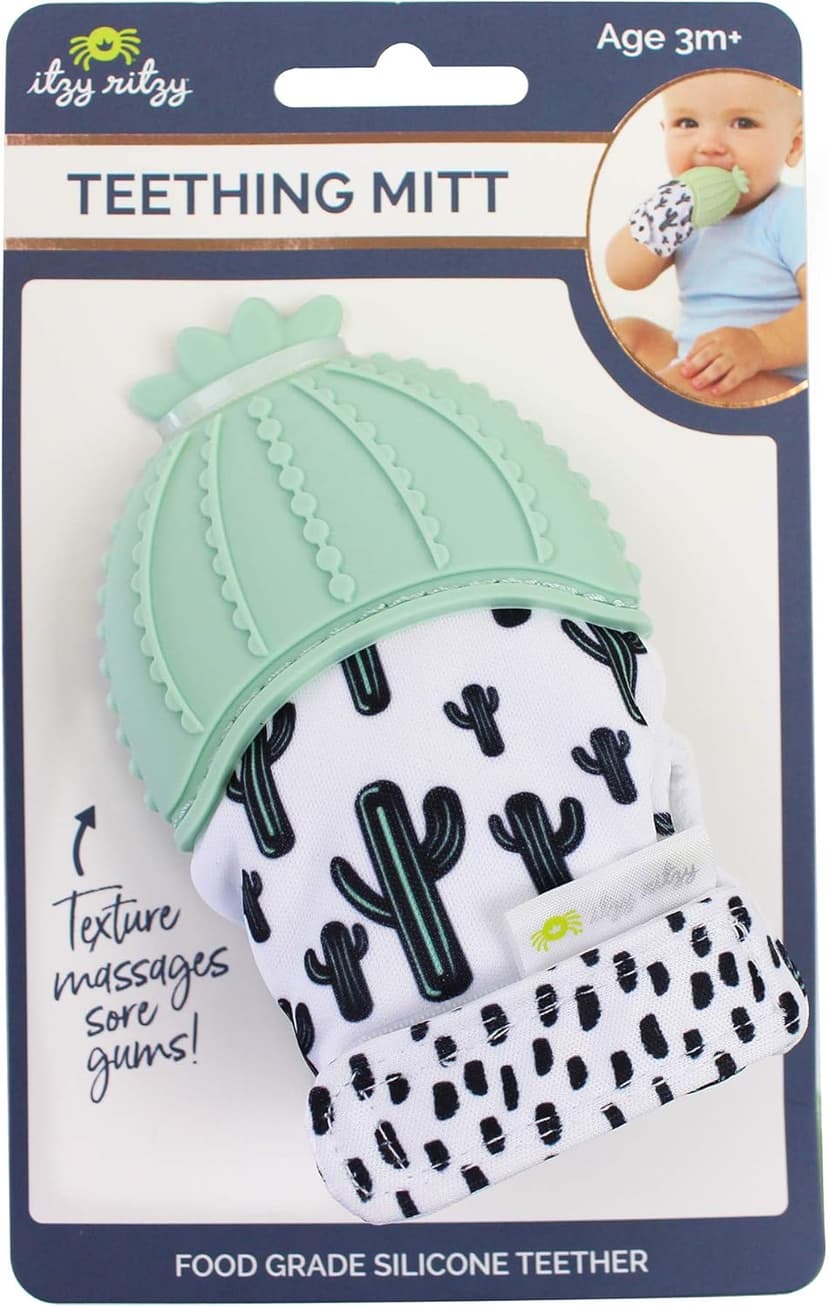 Itzy Ritzy Silicone Teething Mitt - Soothing Infant Teething Mitten with Adjustable Strap, Crinkle Sound & Textured Silicone to Soothe Sore & Swollen Gums - For Ages 3 Months & Up (Cactus)