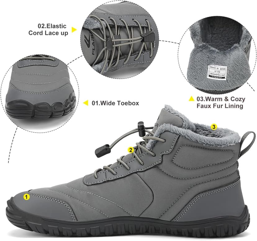 FLARUT Mens Womens Barefoot Snow Boots Winter Warm Shoes Fur Lined Wide Toe Box Zero Drop Ankle Sneakers