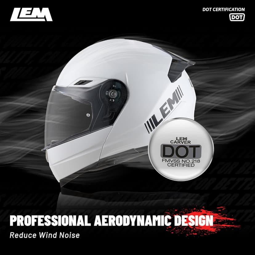 LEM Modular Motorcycle Helmets Fiberglass, Full Face Motorcycle Helmet Flip Up for Touring, DOT Certified, Release Sun Visor & Removable Comfort Liner, Lightweight Street Bike Helmet (White, M)