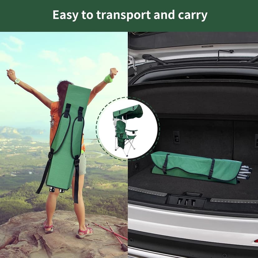 Portable Camping Chair with Canopy Shade - Folding Lounge Chair with Cup Holder & Side Pocket for Outdoor Camping, Fishing, Beach - Support 330 LBS - Green