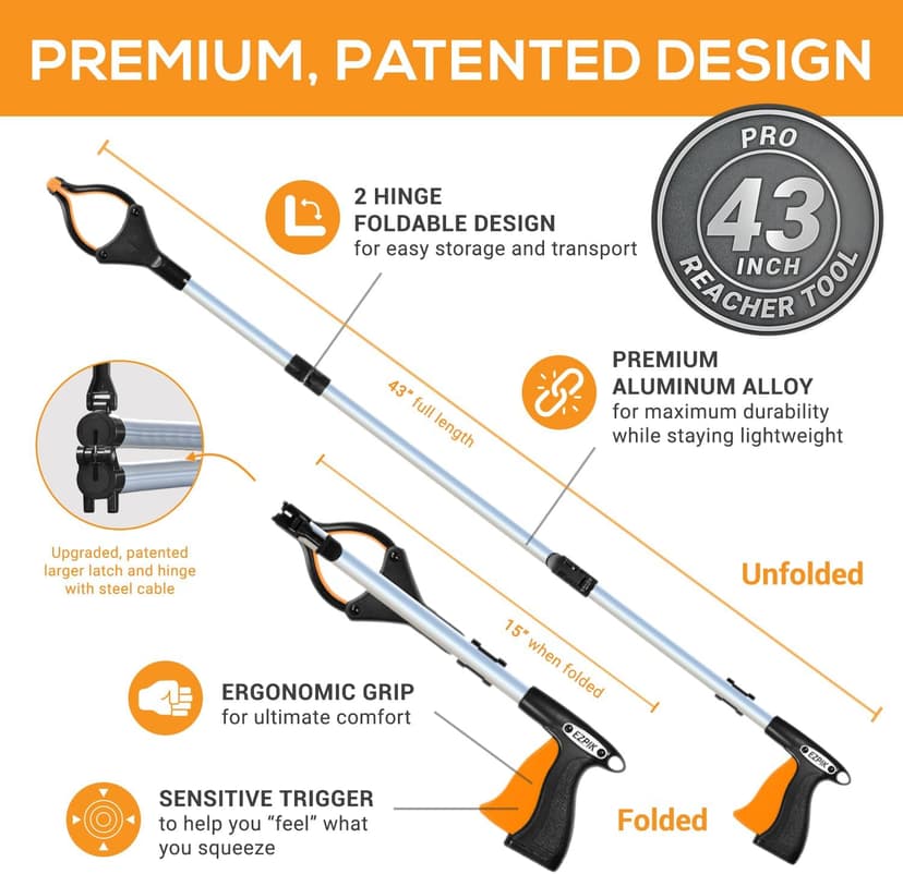 EZPIK Pro 43" Foldable Grabber Reacher Tool for Seniors - Grabbers for Elderly Reaching Tool Heavy Duty Pickup Trash Picker Upper Equipment - Claw Grabber Stick for Reaching Aids, Weed Gripper