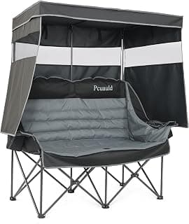 Double Camping Chair with Canopy Heavy Duty 2 Person Folding Loveseat Beach Chair with Shade High Back Oversized Outdoor Camping Couch with Cup Holders & Wine Racks for Lawn, Fishing, Sports