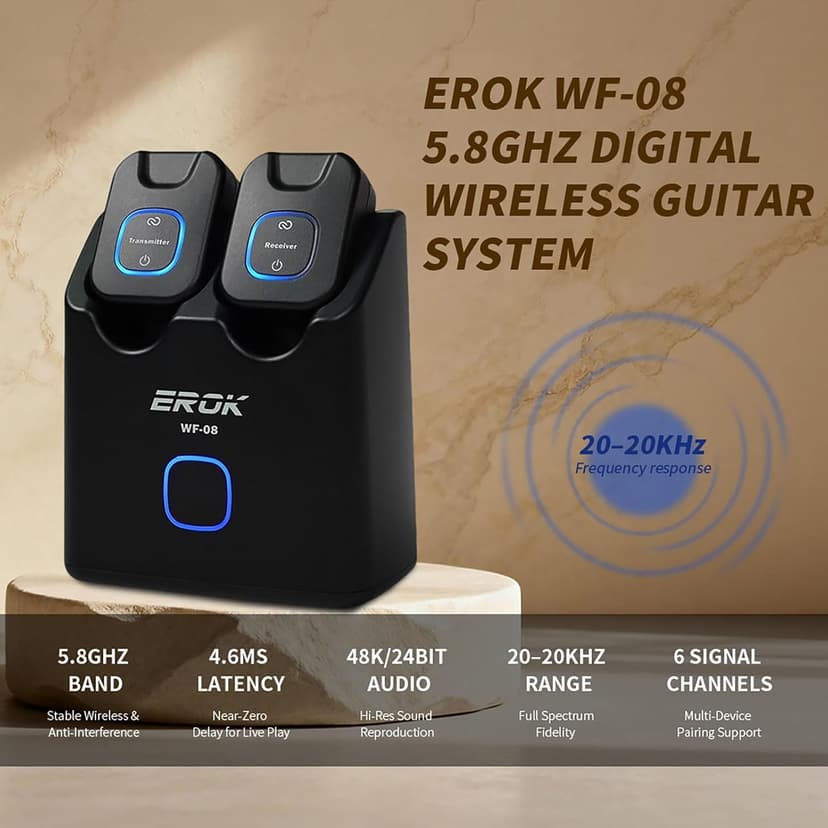 EROK WF-08 5.8GHz Wireless System for Guitar, Bass & Electric Instruments – 4.6ms Ultra-Low Latency, 48K/24bit, 30M Range, with Rechargeable Charging Case (WF-08)