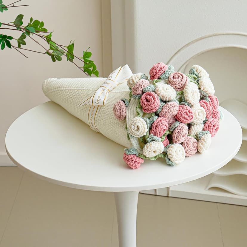 Crochet Flower Bouquet Throw Blanket, Handmade Knitted Blanket with Rose Flowers, Cute Romantic Gift for Her Girlfriend Mom Mother’s Day Valentine Wedding Anniversary Birthday, Pink and White B0FDK649NZ