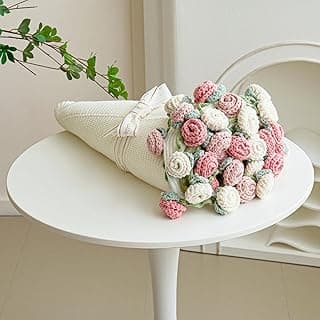 Crochet Flower Bouquet Throw Blanket, Handmade Knitted Blanket with Rose Flowers, Cute Romantic Gift for Her Girlfriend Mom Mother’s Day Valentine Wedding Anniversary Birthday, Pink and White B0FDK649NZ