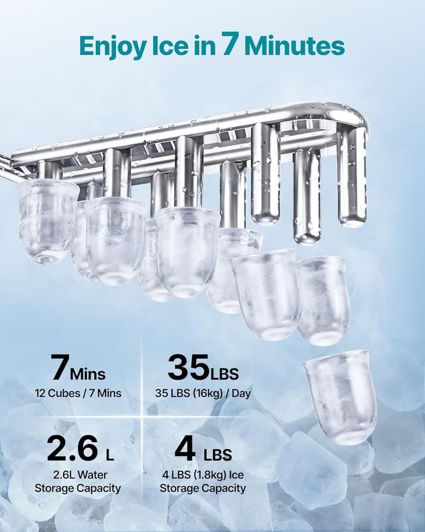 VEVOR Water Dispenser with Ice Maker, 3-in-1 Countertop Water Dispenser, 35 LBS/24H, 12 Cubes/7 Min Fast Ice Making with 4 LBS Storage, Bullet/Crushed ICES & Cold-Water, for Home, Kitchen, Party