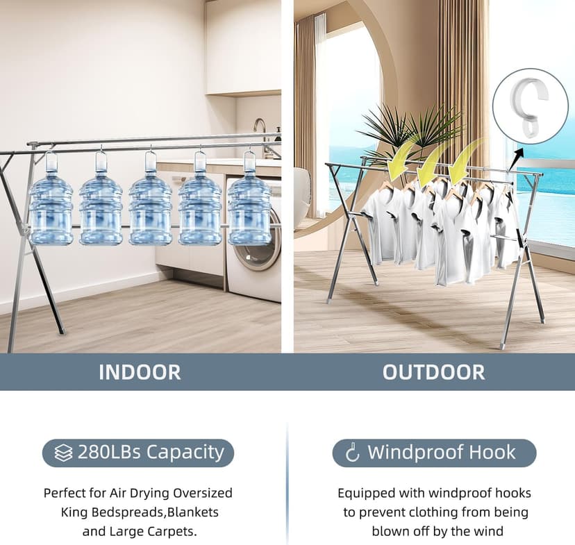 Unkqan Clothes Drying Rack,Heavy Duty Stainless Steel Garment Rack,Adjustable and Foldable Laundry Drying Rack for Indoor Outdoor Drying Rack Clothing with 20 Windproof Hooks (Silver, 79")