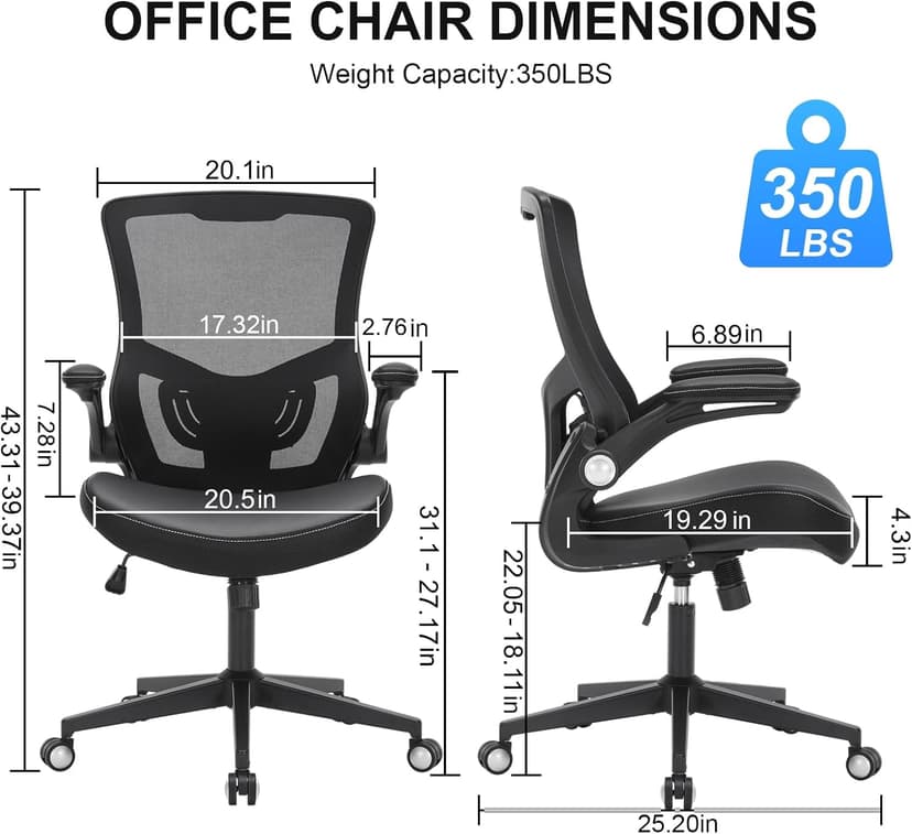 Office Chair, Ergonomic Desk Chair with Adjustable Lumbar Support, Breathable Mesh Computer Chair with Flip-up Armrests, 350lbs Comfy Swivel Task Chairs for Home Office, Black