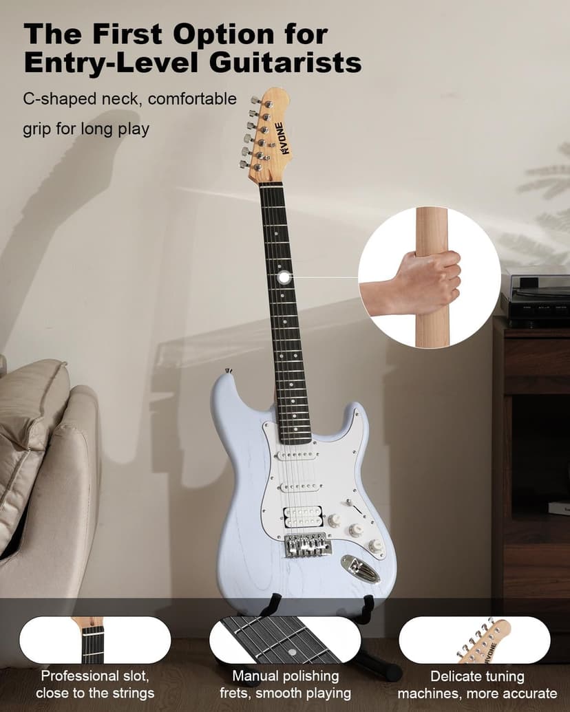 RVONE RST-150 39”Beginner Electric Guitar Kit with Amplifier, Classic HSS Pickup, Electric Guitar with Gig Bag, Capo, Strap, Extra Strings, Digital Tuner, 3 Picks, Cleaning Cloths (1-Blue)