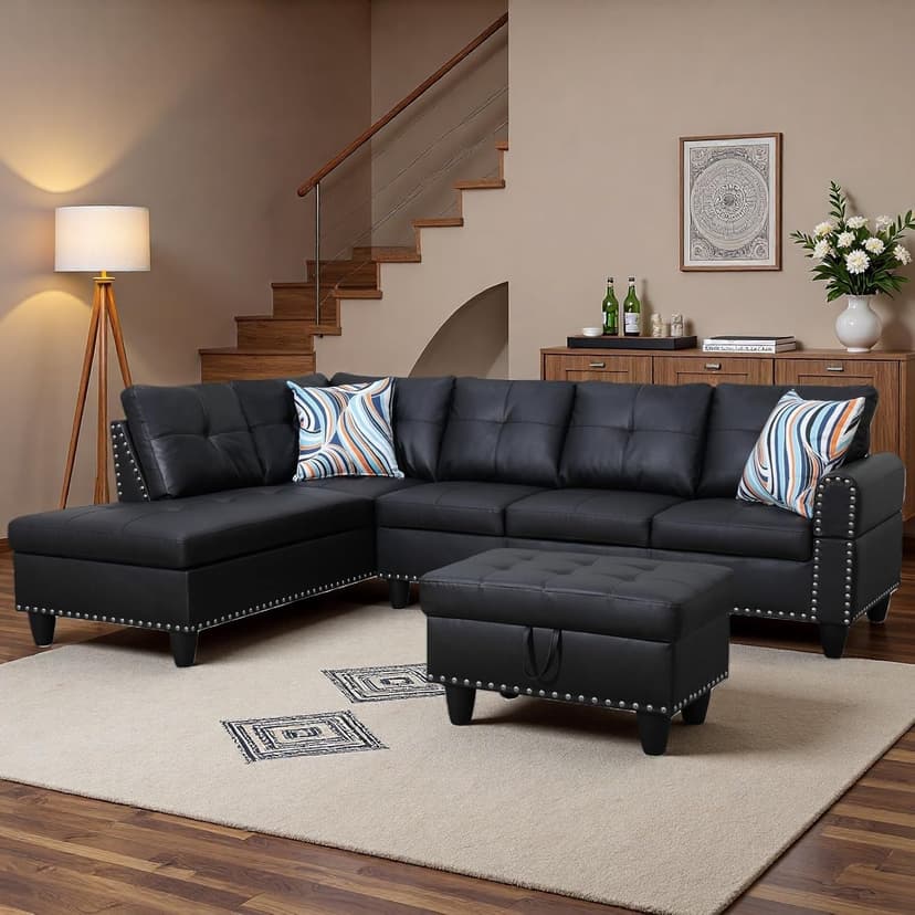 Topcomfy 97.5" L Shaped Couch Set, Modular Sectional Couches for Living Room with Storage Ottoman, 4 Seat Home Sofa Living Room Furniture Sets with Chaise for Apartment Office (Leather, Black)