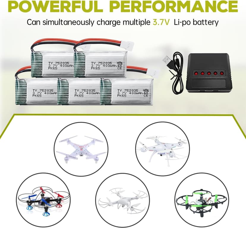 5PCS 3.7V 400mAh Lithium Battery with 5 in 1 Charger for SYMA Q11 H99W H31 H6C H98 AT-96 TR-C385 TR-P51 TR-F22 Quadcopter Spare Parts Aircraft Model Drone Battery (Black)