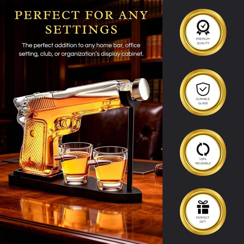 Gifts for Men Dad, 10.1 Oz Whiskey Gun Decanter Set + 2 Bullet Glasses - Unique Birthday Pistol Gift Ideas Daughter Son, Personalized Liquor Dispenser - Scotch Bourbon Vodka, Him, Brother Husband