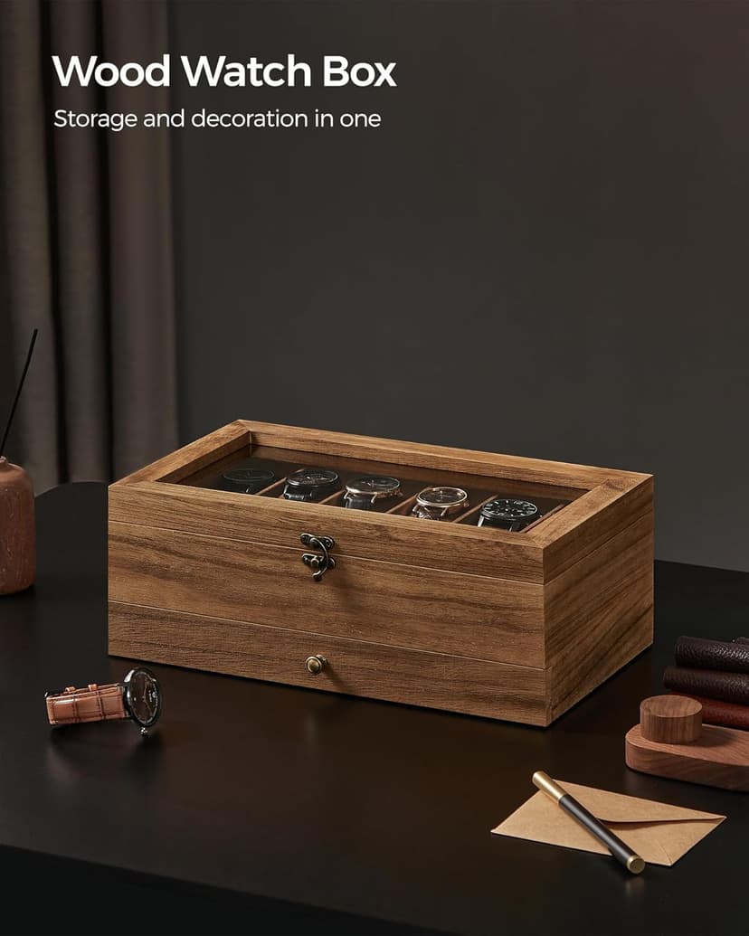 SONGMICS SONGMICS 12-Slot Watch Box, 2-Tier Watch Display Case with Large Glass Lid, Removable Watch Pillows, Velvet Lining, Jewelry Box, Gift Idea, Rustic Walnut UJOW012K01