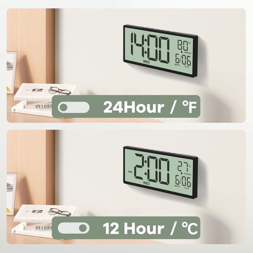 JALL 14.5" Large Digital Wall Clock Battery Operated with Big Digits LCD Screen Display, Day, Date, Alarm, Auto DST, Temperature for Living Room, Bedroom, Desk Decor, Mounted, Gift for Elderly