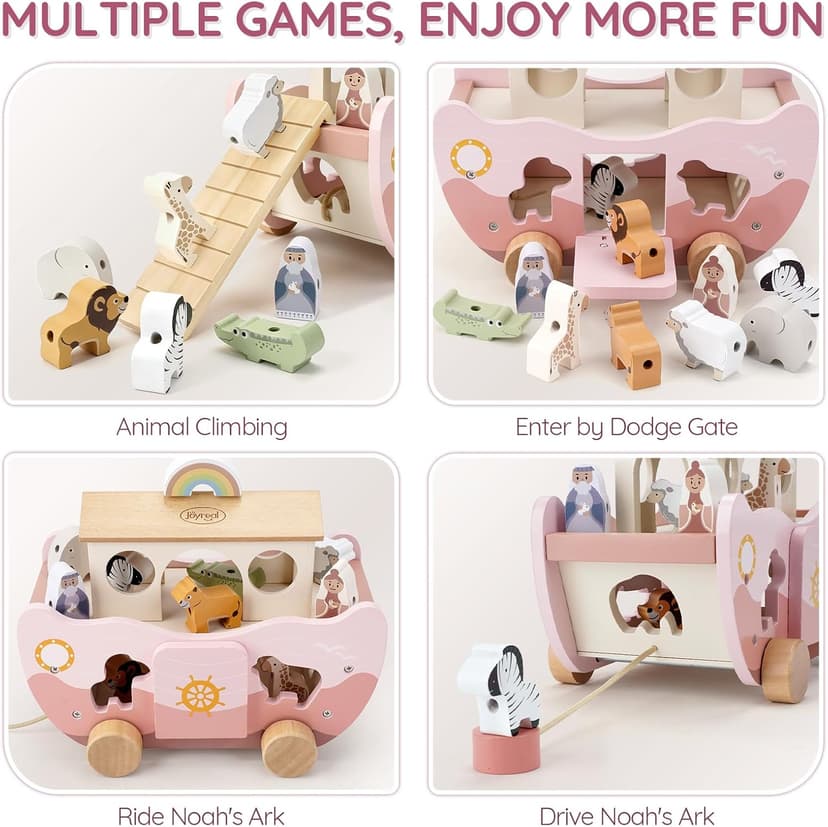 Montessori Educational Toy, Animal Shape Sorter, Christian Toys for Toddler Boy 1-3 Years Old, Christmas Birthday Gift Joyreal Pink Wooden Noah's Ark Toy for 1 Year Old Baby Girl Baptism Gifts B0GCYH2DBZ