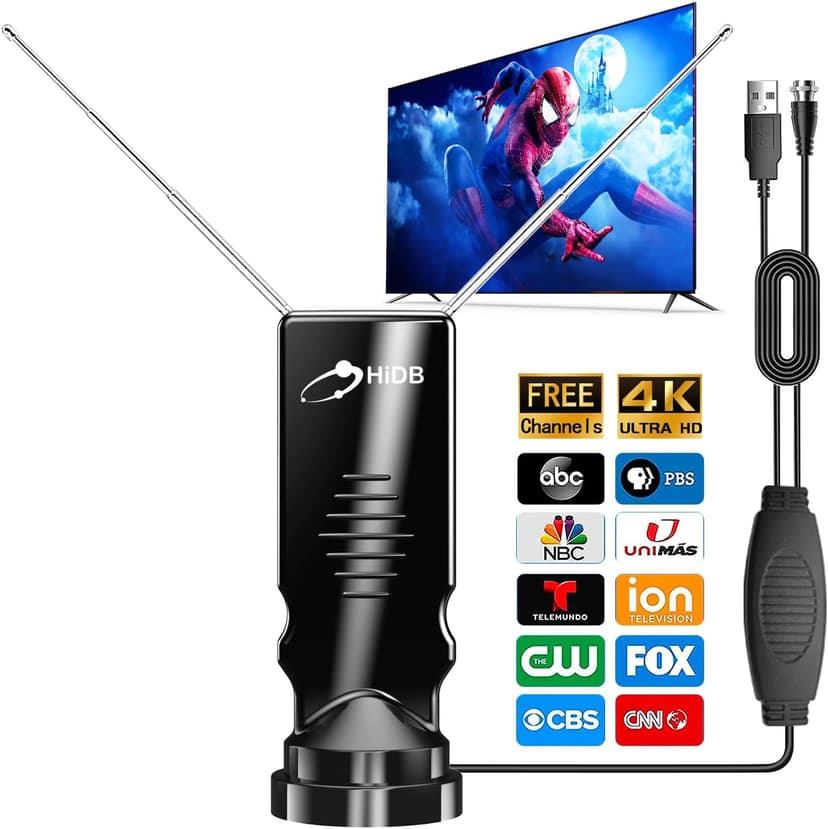 HIDB Rabbit Ears Antenna Long Range Reception with Amplifier for Smart TV Indoor, HD 4K Digital Antenna Supporting All Free HDTV Channels, Compact