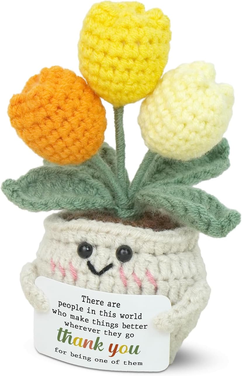 OASSIE Thank You Gifts for Women - Mini Handmade Positive Tulip Flowers Crochet with Message Card - Christmas Birthday Farewell Employee Appreciation Gifts for Coworkers, Emotional Support Crochet