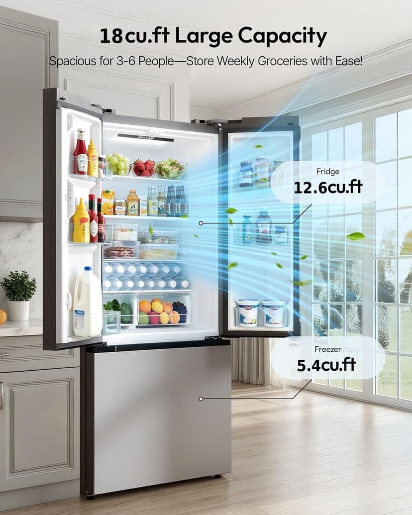 18 Cu.Ft. French Door Refrigerator with Ice Maker, Refrigerator with Freezer Drawer, Frost-Free, UL Certified, French Door Fridge with 3 Smart Cooling Modes