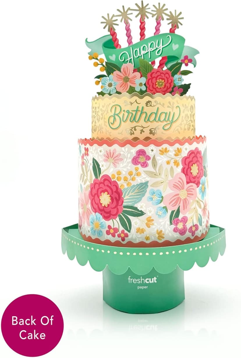 Freshcut Paper Pop Up Birthday Card for Women, Blooming Birthday Cake, 12 Inch Life Sized Tiered Cake, 3D Popup Greeting Cards with Blank Notecard & Envelope