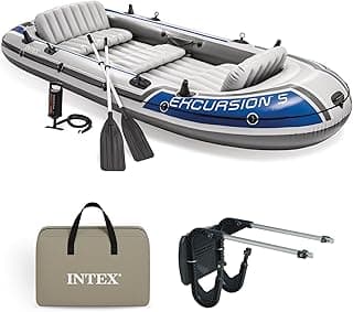 Intex Excursion 5 Person Inflatable Outdoor Fishing Raft Boat Set with 2 Aluminum Oars and Air Pump with a Intex Composite Motor Mount Kit