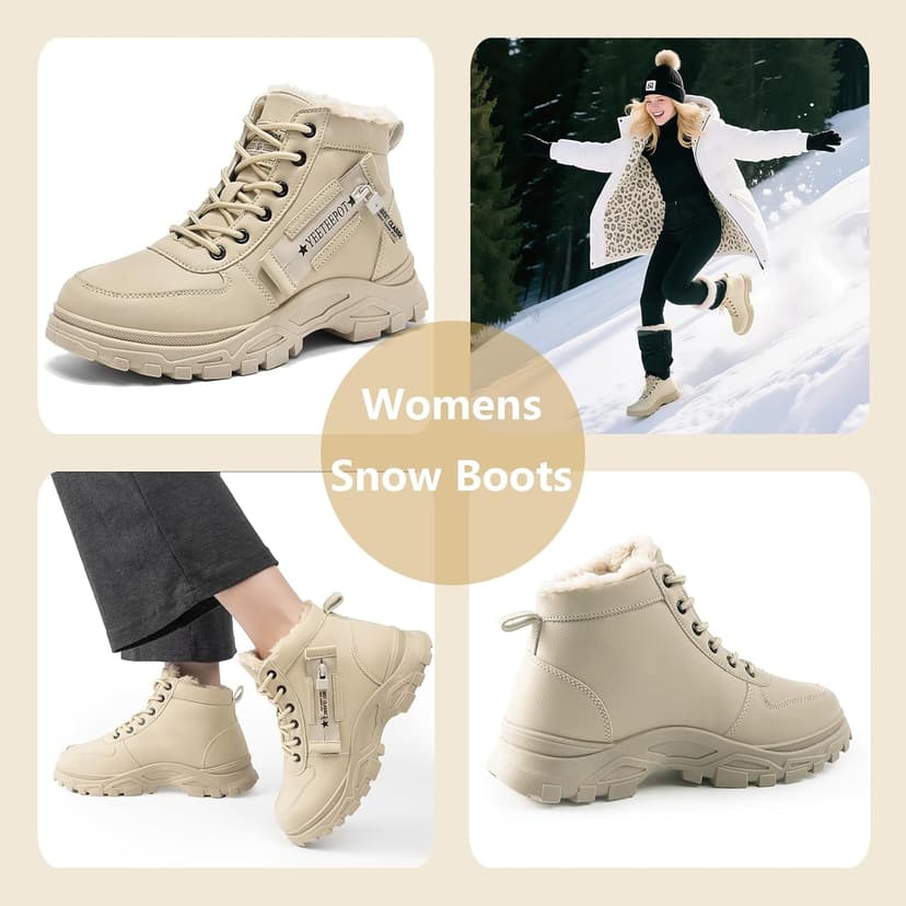 Yeeteepot Womens Snow Boots Warm Winter Boots Ladies Fur Lined Ankle Boots Lace Up Outdoor Booties Anti-Slip Sneakers Waterproof Walking Shoes