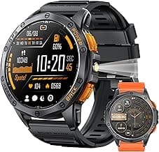 Military Smart Watches Built-in GPS, 170+ Sport Modes for Men with Flashlight, Smartwatch for Android Phones and iPhone, 1.43" AMOLED Screen Bluetooth Call Compass Altimeter (Black & Orange (2 Bands))