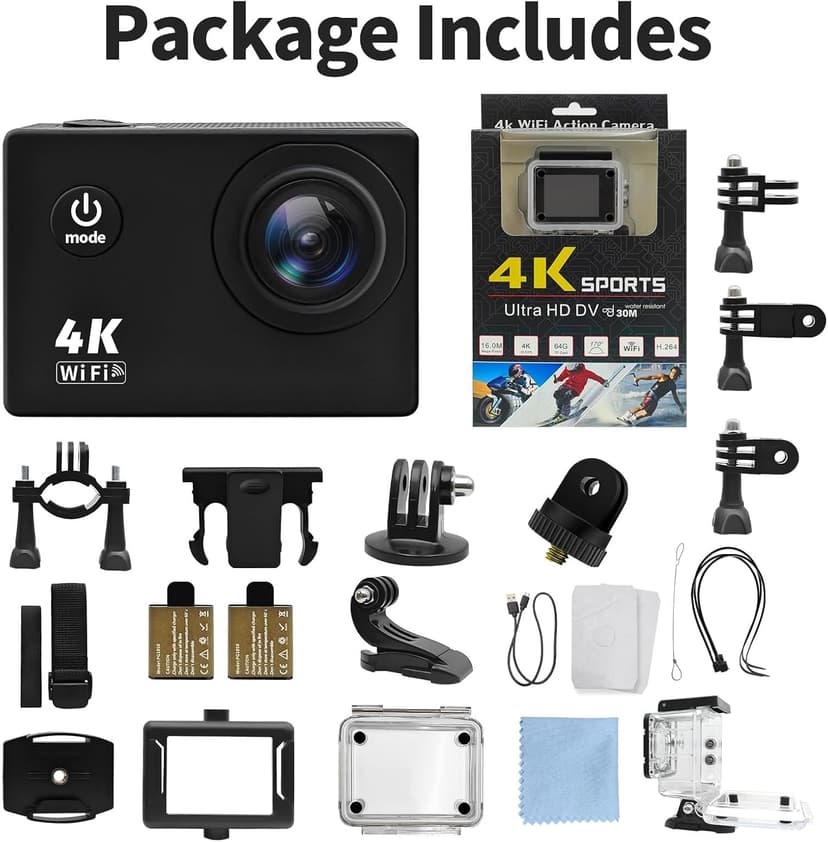 Cecosy Action Camera 4K 30FPS, Waterproof Camera 30M Underwater Ultra HD 131FT 170°Wide Angle Shooting, with 2 x 1050 mAh Batteries for Cycling, Ice Skating, Skiing, Fishing, Climbing