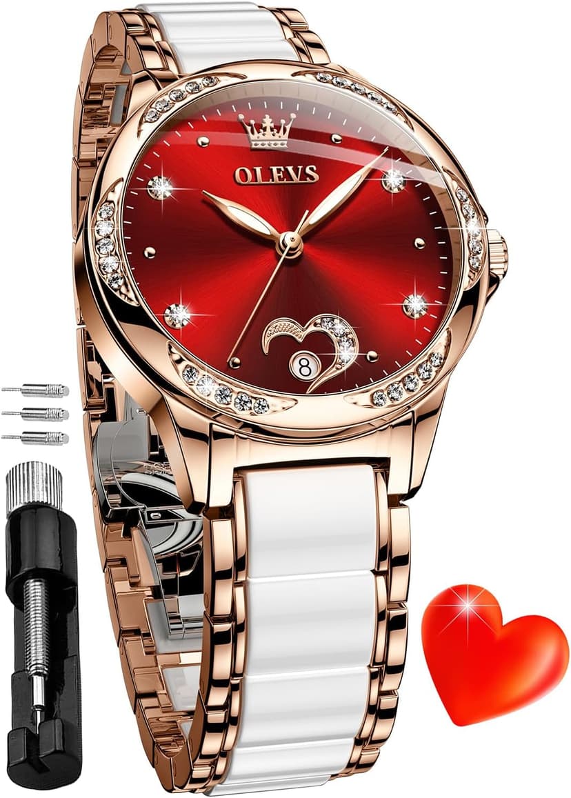 OLEVS Automatic Watch for Women Luxury Diamond Rose Gold Ladies Self Winding Mechanical Ceramic Wrist Watch Love Heart Date